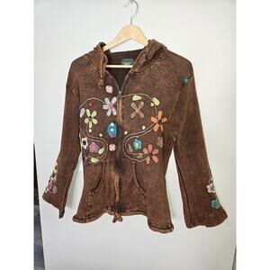 Womens Kathmandu Zip up Brown Hoody Size L Embroidered Flower Boho Artsy Hippie